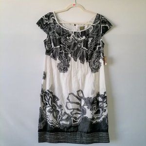 NWT Taylor Womens Black White Printed Cap Sleeve Pleated Shift Dress Size 8